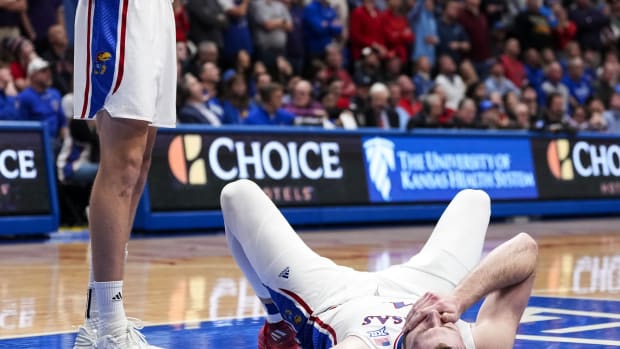 Kansas Jayhawks center Hunter Dickinson (1) reacts after a flagrant foul during the second half against the TCU Horned Frogs at Allen Fieldhouse.